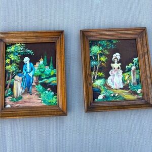 Vintage Rococo Style Couple Paintings on Velvet Pair